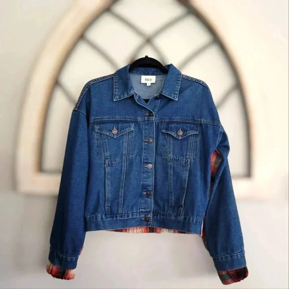 BKE Buckle Brushed Wool Blend Plaid Denim Jacket Sz S - Picture 4 of 11